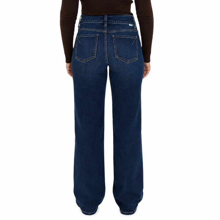 Rear view of a person wearing dark blue wide-leg jeans with a brown long-sleeve top, shown against a plain white background.