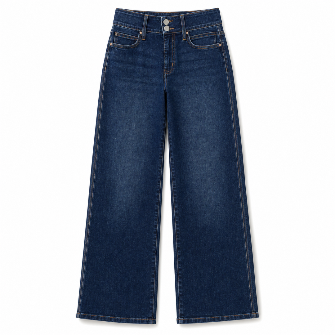 A pair of dark blue wide-leg denim jeans shown flat against a plain white background.