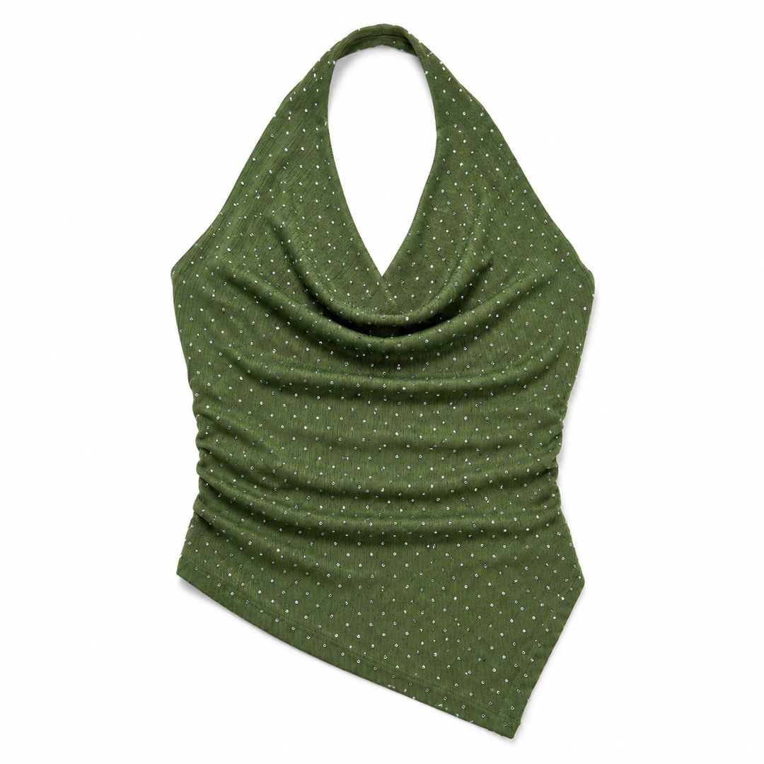 An olive green halter-neck top with a cowl neckline, featuring a subtle white polka-dot pattern, shown against a plain white background.