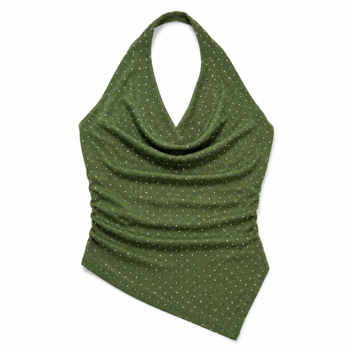 An olive green halter-neck top with a cowl neckline, featuring a subtle white polka-dot pattern, shown against a plain white background.