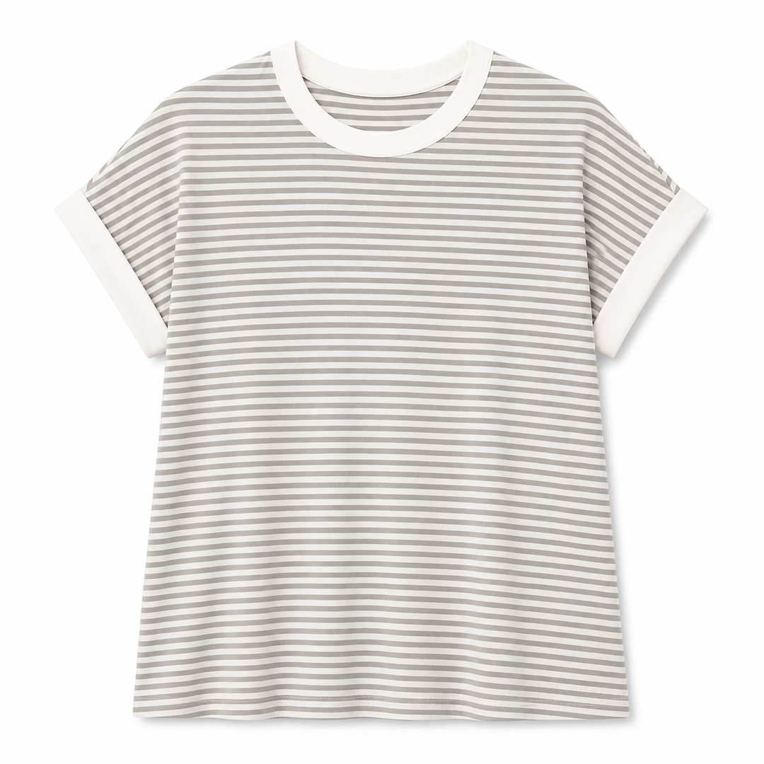Striped t-shirt with white trim on a white background