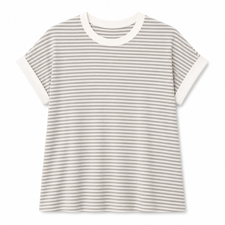 Striped t-shirt with white trim on a white background