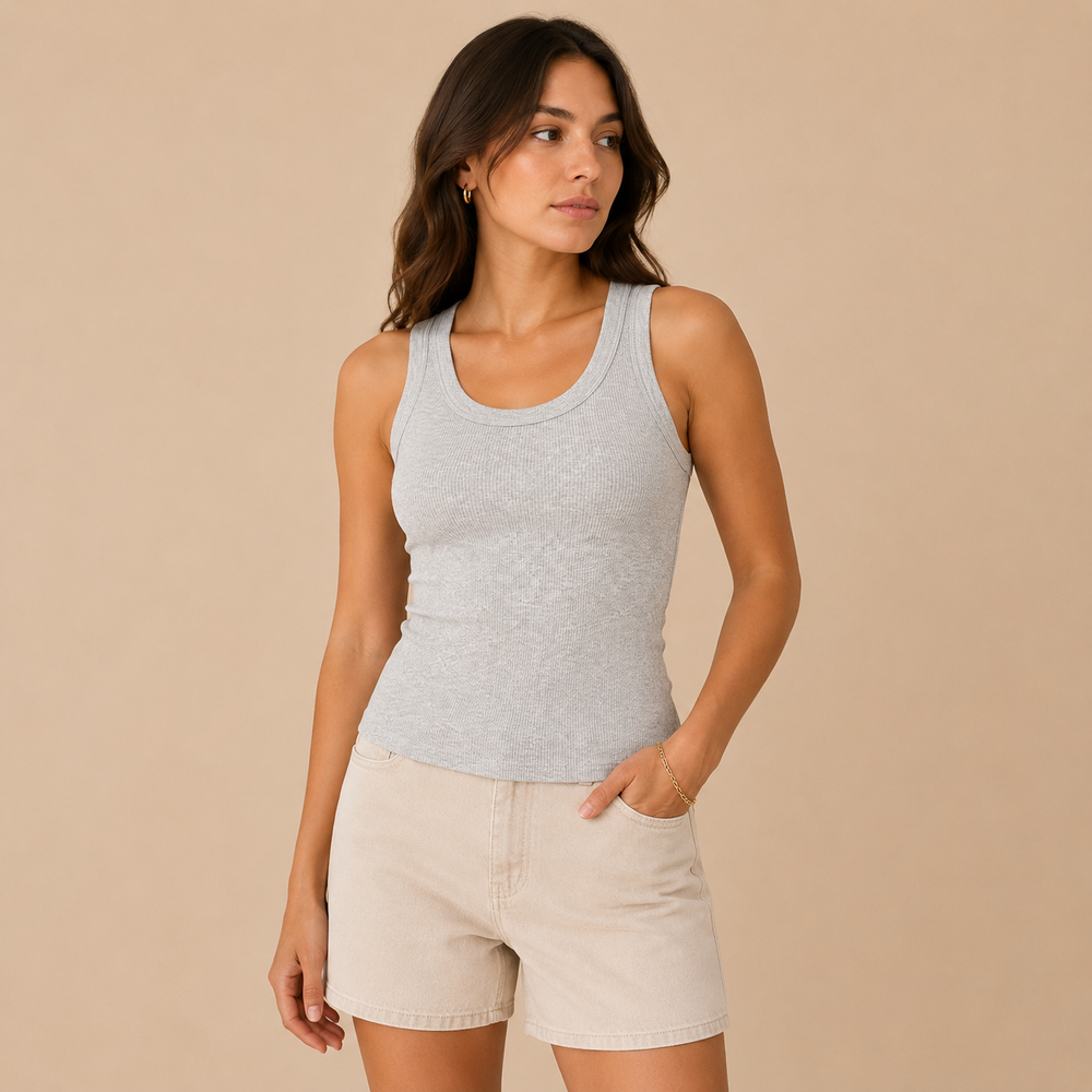 Woman wearing a gray tank top and beige shorts against a beige background