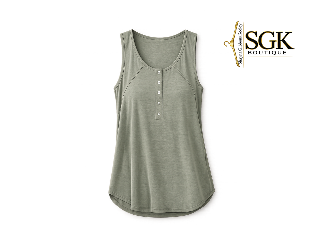 Green tank top with button details on a white background, featuring the SGK Boutique logo.