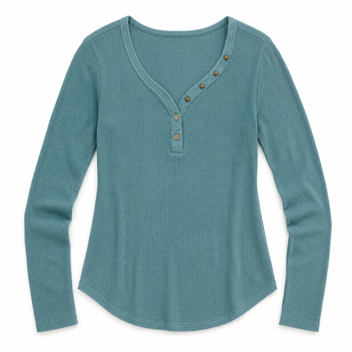 Teal ribbed long-sleeve shirt with button details on a white background