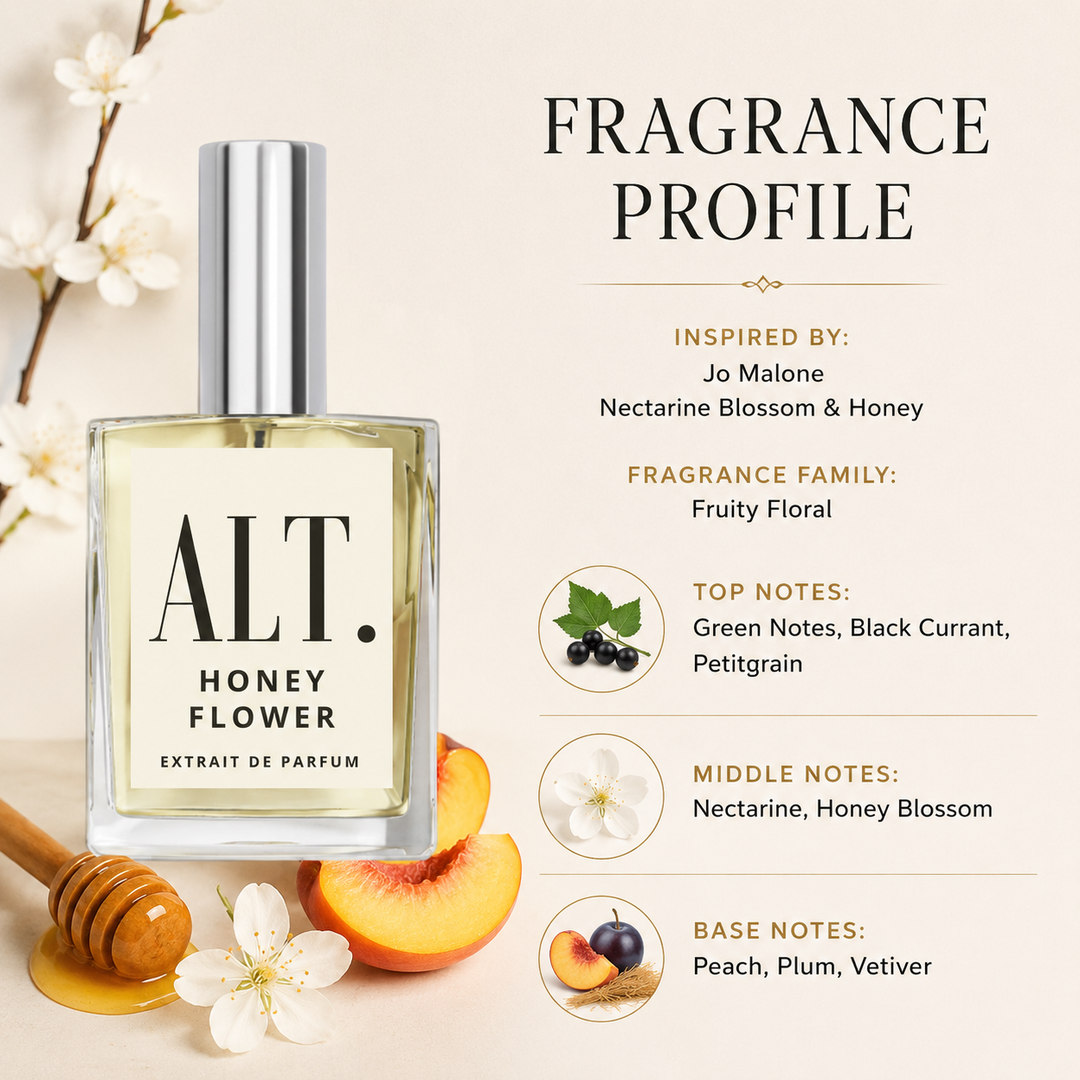 A perfume bottle labeled ALT. Honey Flower Extrait de Parfum stands on a cream background beside fragrance profile text, peach slices, white blossoms, and a wooden honey dipper.