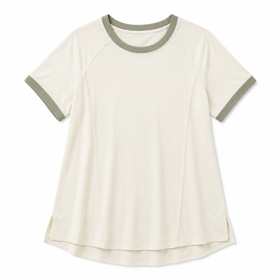 Beige t-shirt with green trim on a white background