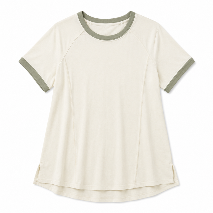 Beige t-shirt with green trim on a white background