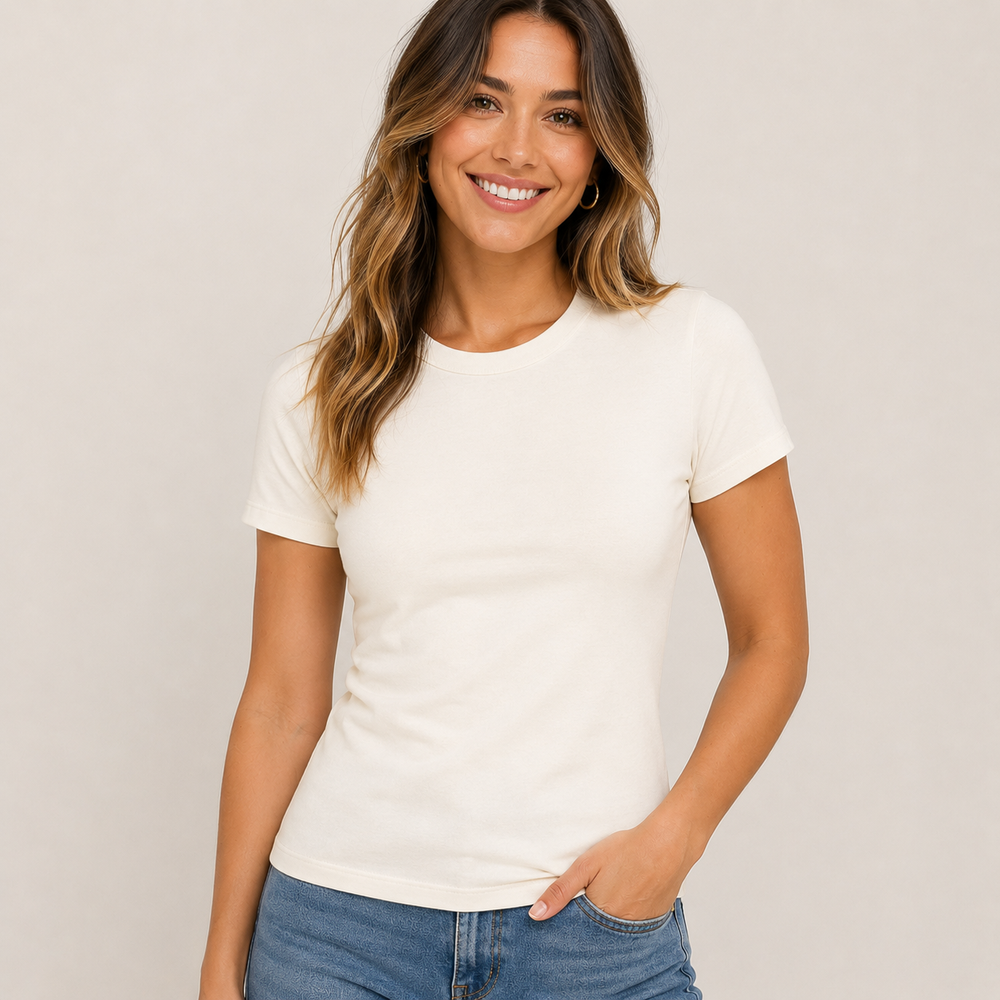 Woman wearing a plain ivory t-shirt against a light background