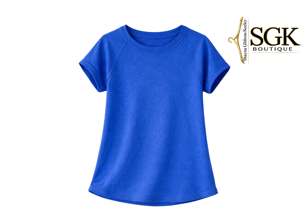 Blue t-shirt on a white background with SGK Boutique logo.