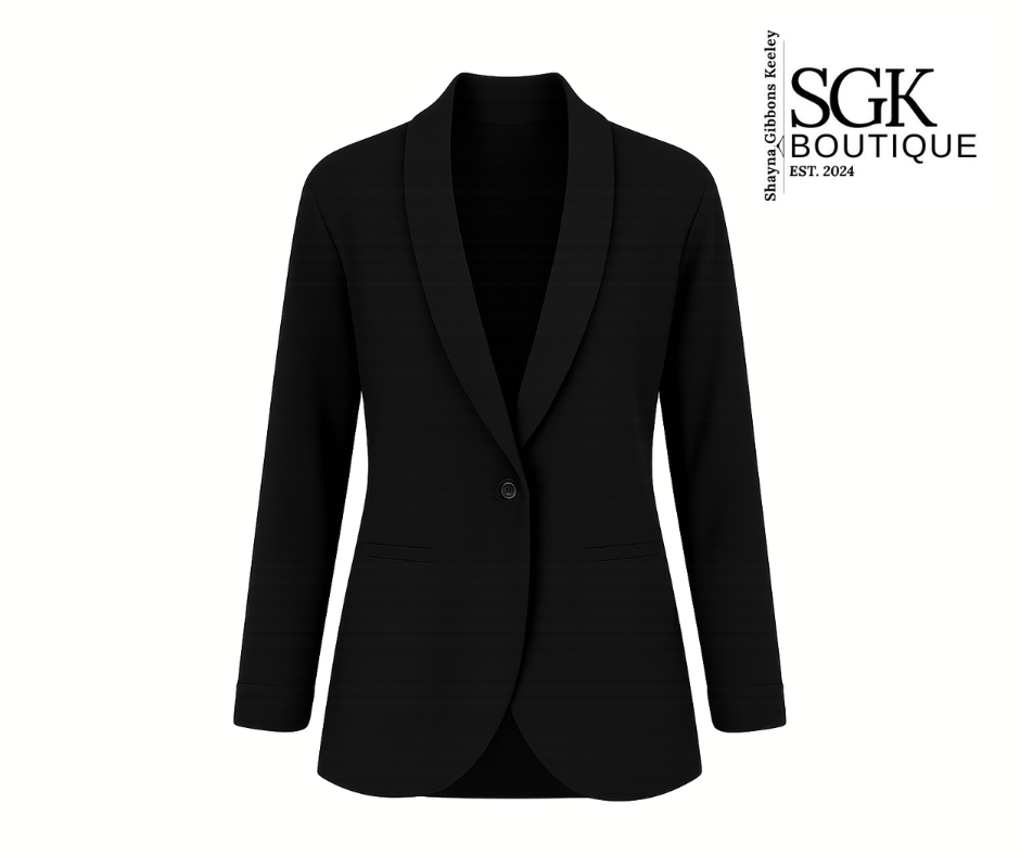 Black blazer on a white background with SGK Boutique logo.