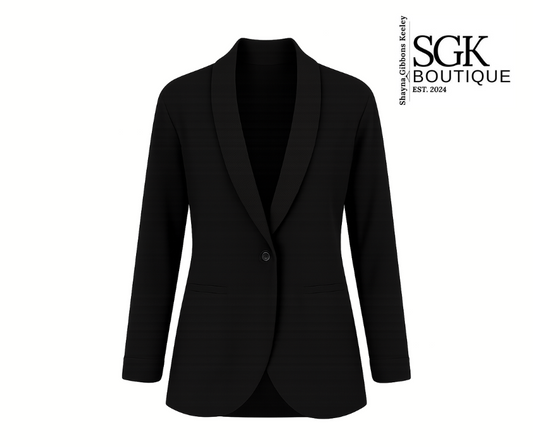 Black blazer on a white background with SGK Boutique logo.