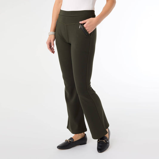 Person wearing olive green pants on a white background