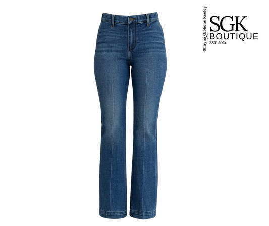 Blue jeans on a white background with SGK Boutique logo.