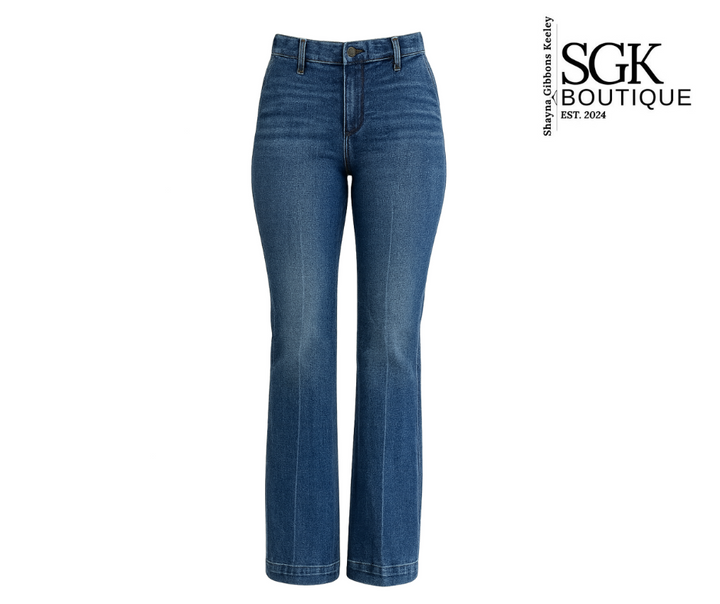Blue jeans on a white background with SGK Boutique logo.