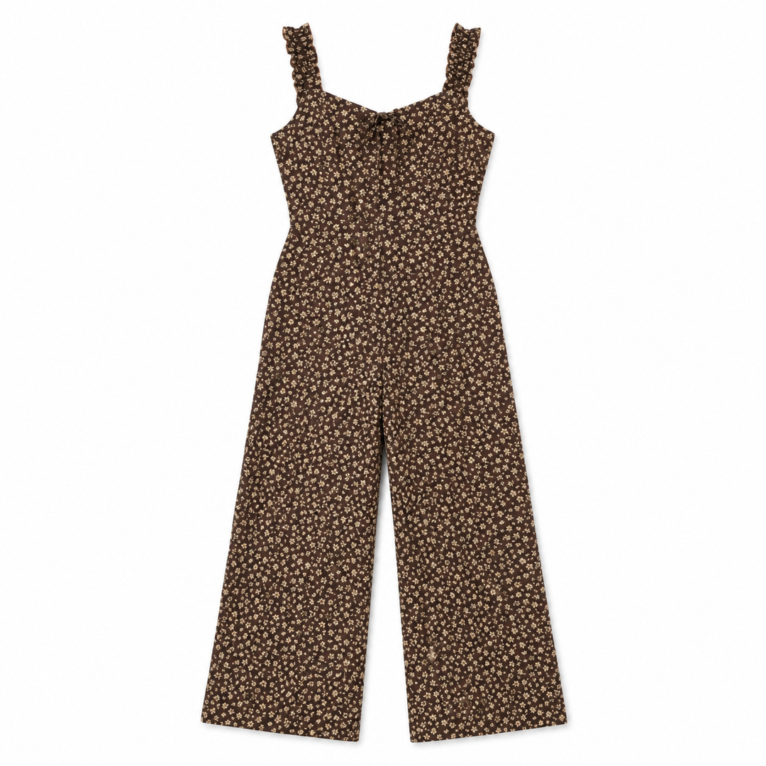 Brown floral jumpsuit on a white background