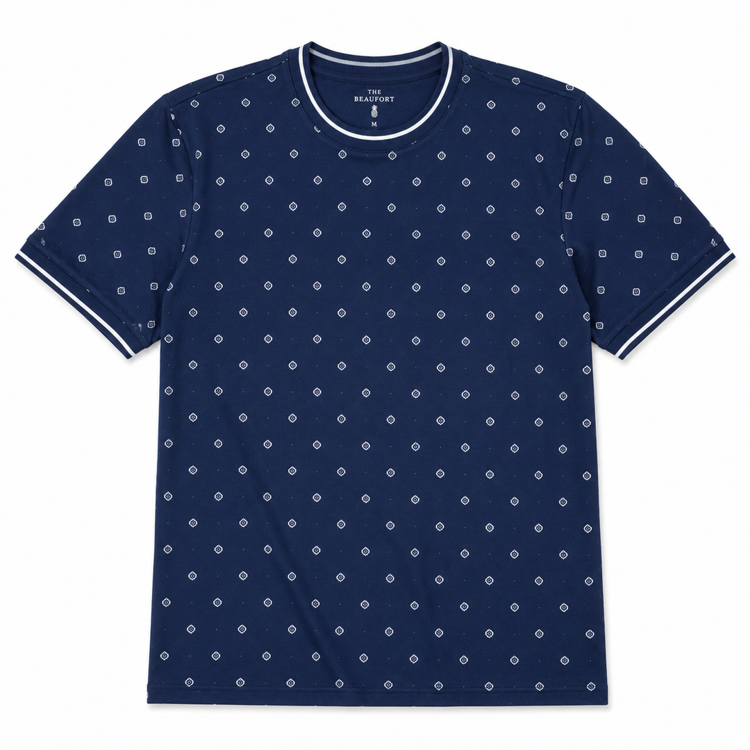 Navy blue t-shirt with white pattern on a white background