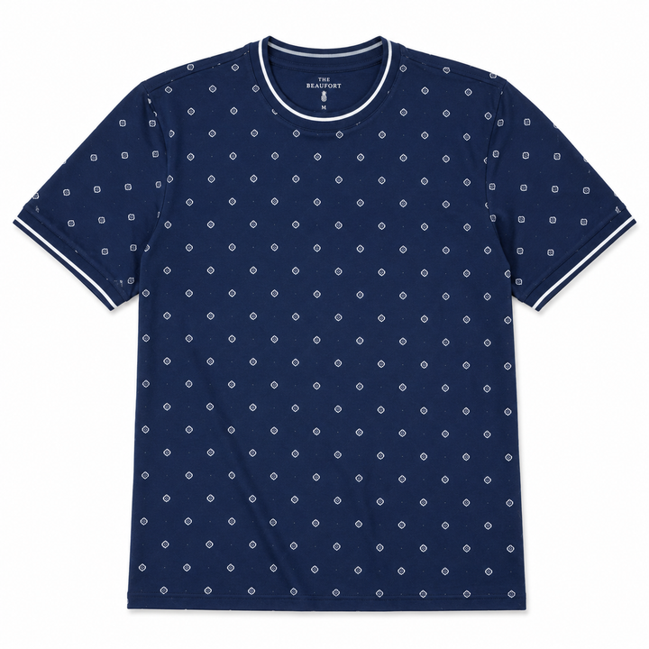 Navy blue t-shirt with white pattern on a white background