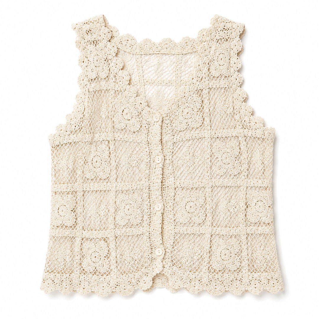 Crocheted vest with a grid pattern on a white background
