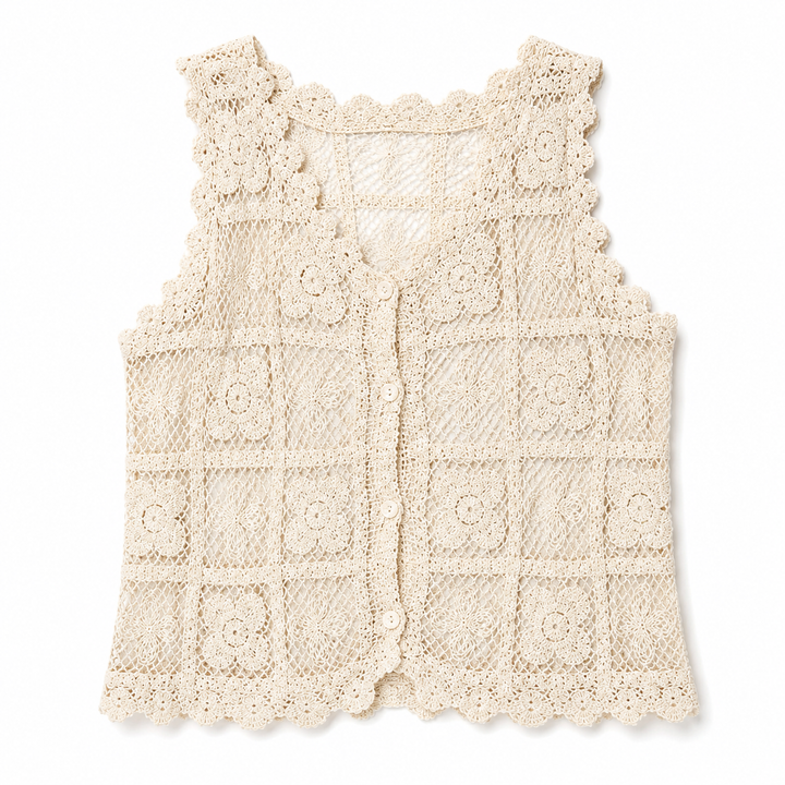 Crocheted vest with a grid pattern on a white background