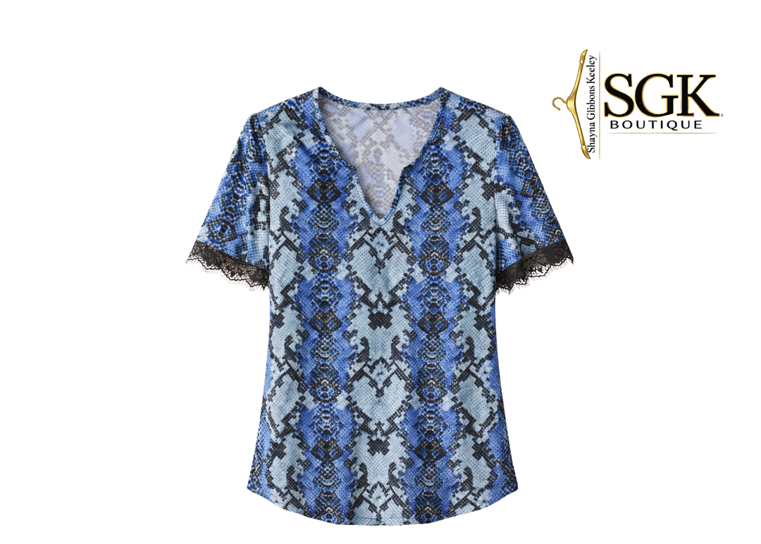 Blue patterned top with lace details on a white background, featuring the SGK Boutique logo.