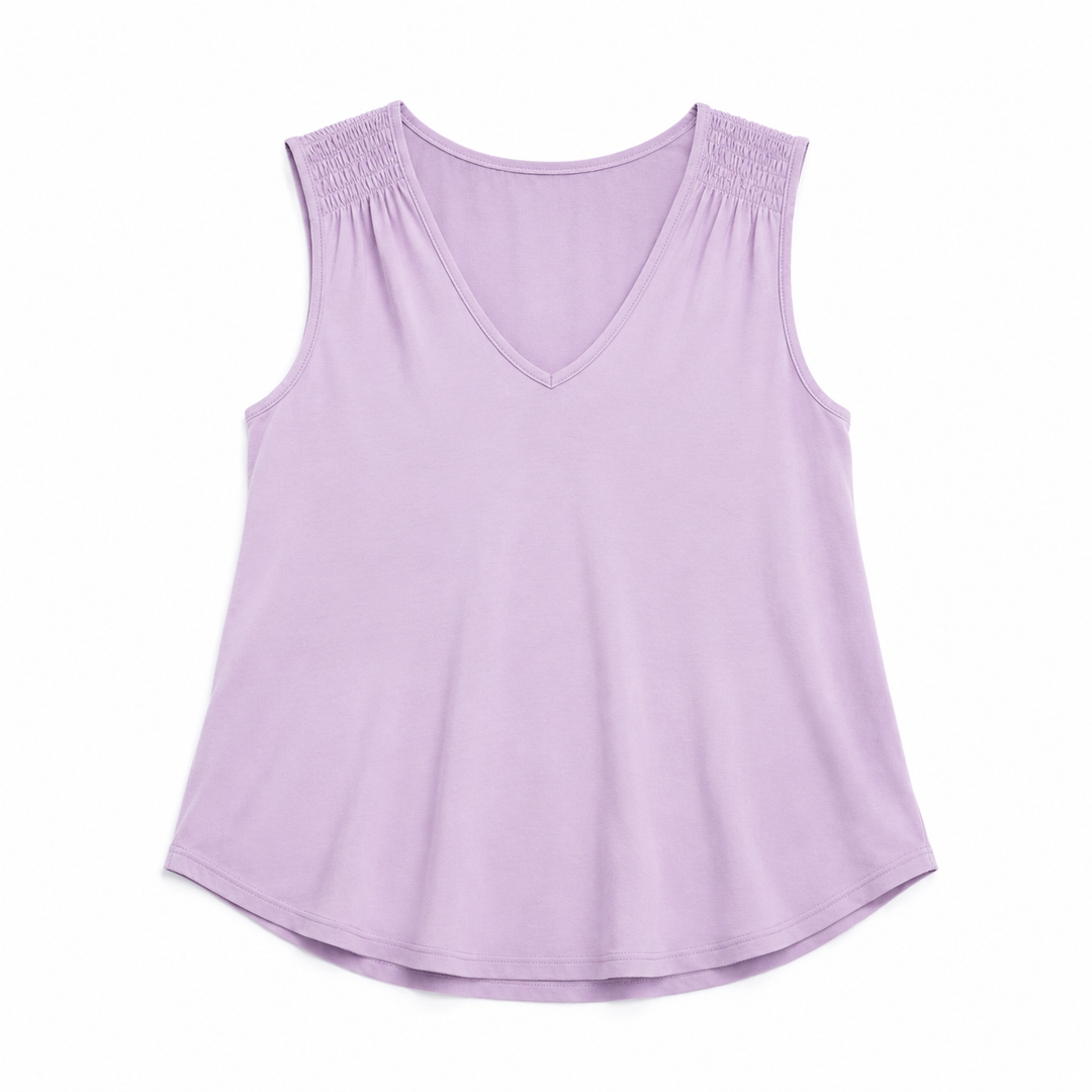 Lavender sleeveless top on a white background