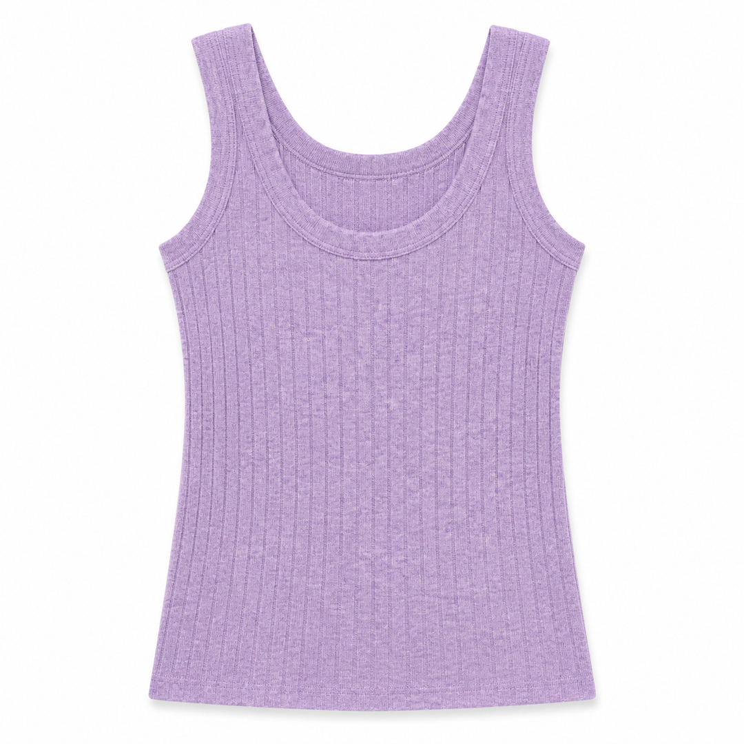 A light purple ribbed tank top with a scoop neckline, displayed flat against a white background.