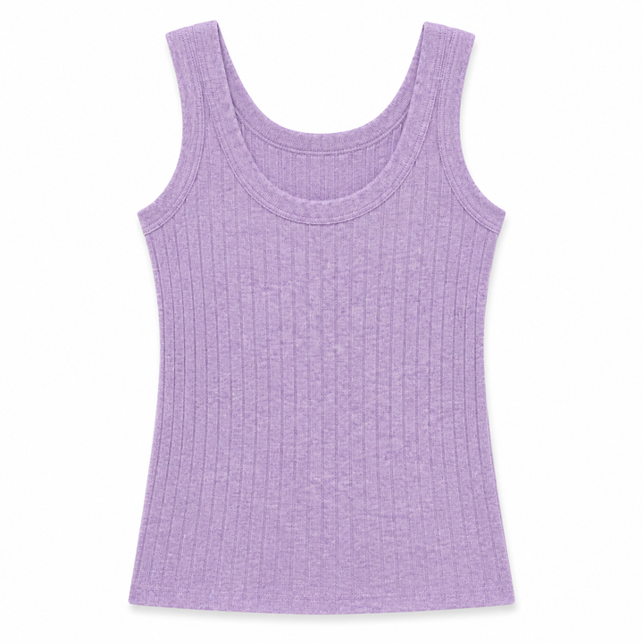 A light purple ribbed tank top with a scoop neckline, displayed flat against a white background.