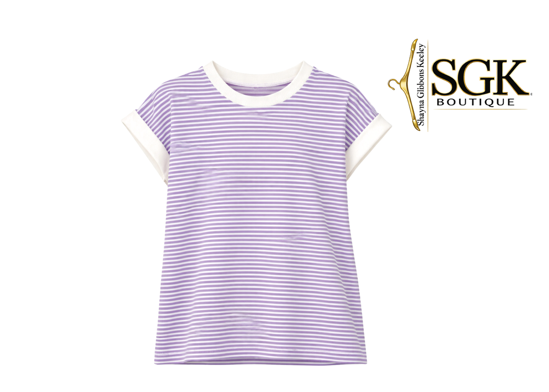 Purple and white striped dress on a white background with SGK Boutique logo.