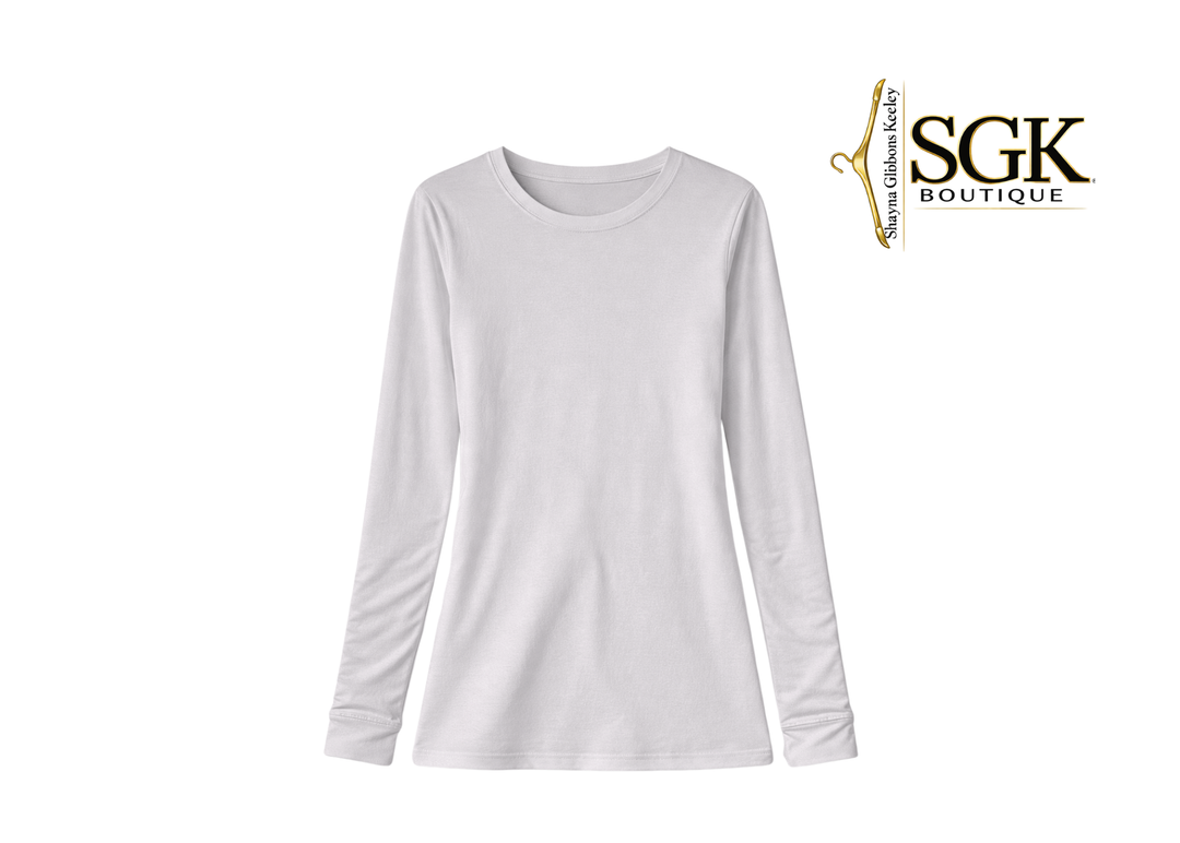 White long-sleeve shirt on a white background with SGK Boutique logo.