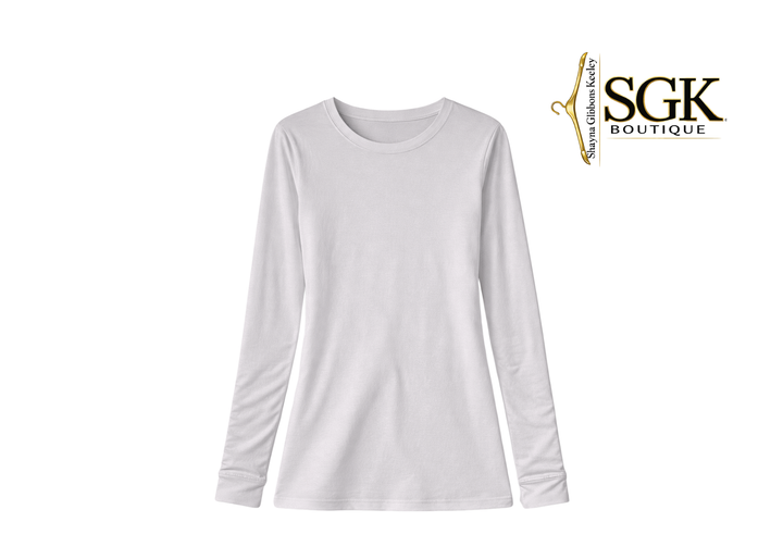 White long-sleeve shirt on a white background with SGK Boutique logo.