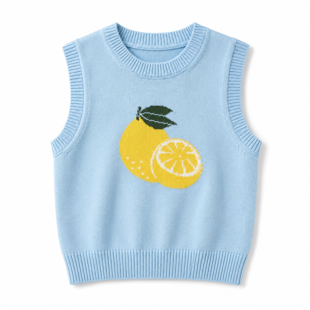 Light blue sleeveless sweater vest with lemon design on a white background