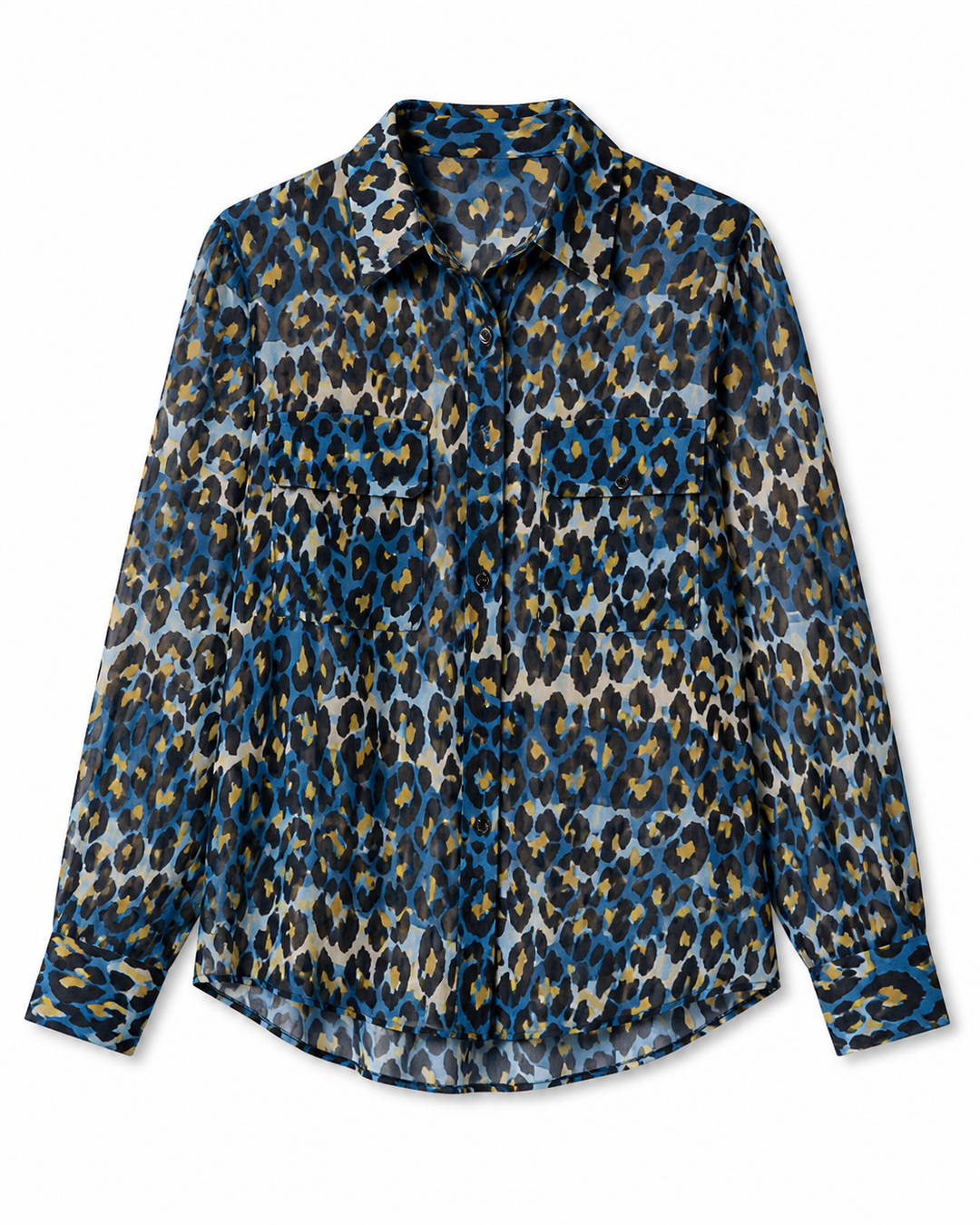 Long-sleeve shirt with blue and brown leopard print on a white background