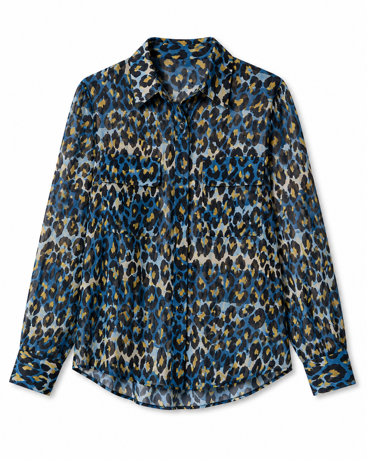 Long-sleeve shirt with blue and brown leopard print on a white background