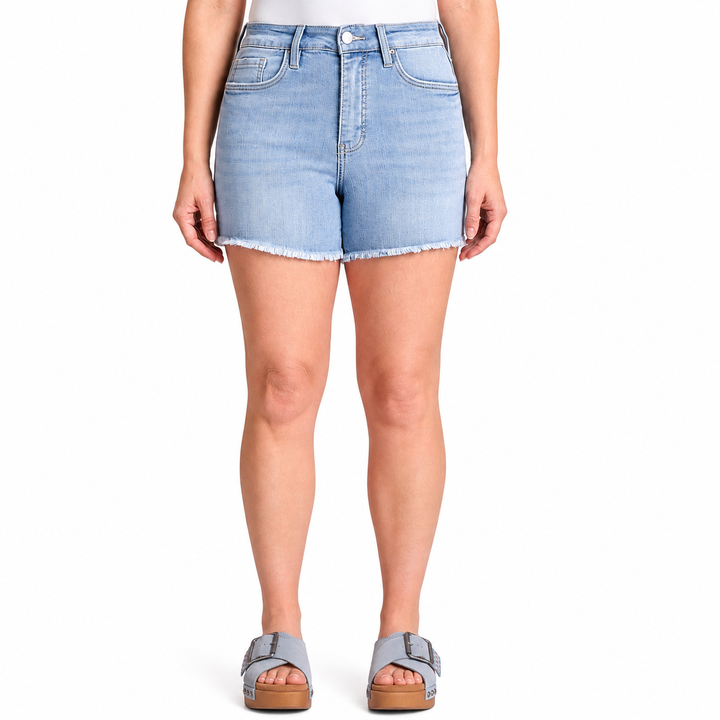 Light blue denim shorts worn by a person on a white background