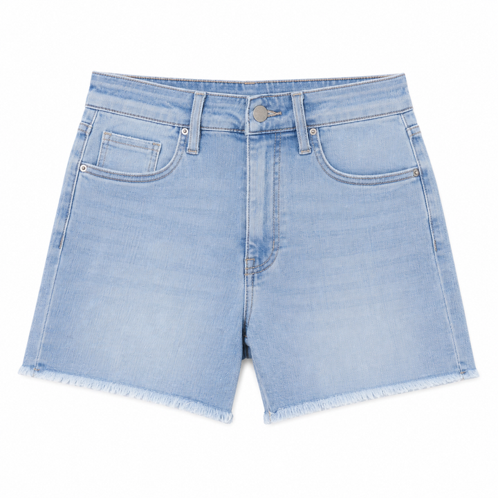 Light blue denim shorts on a white background