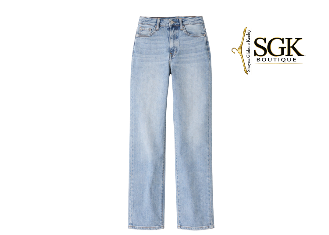 Light blue jeans on a white background with SGK Boutique logo.