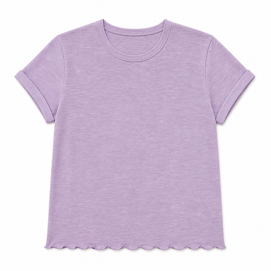 Purple t-shirt with scalloped hem on a white background