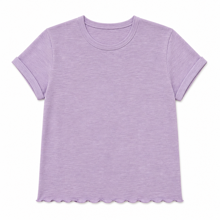 Purple t-shirt with scalloped hem on a white background