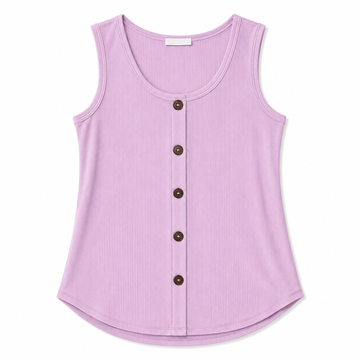 A sleeveless ribbed knit tank top in light purple with a button-up front, displayed flat against a white background.
