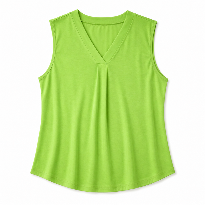 A bright lime green sleeveless V-neck top with a gathered center front, displayed flat against a white background.