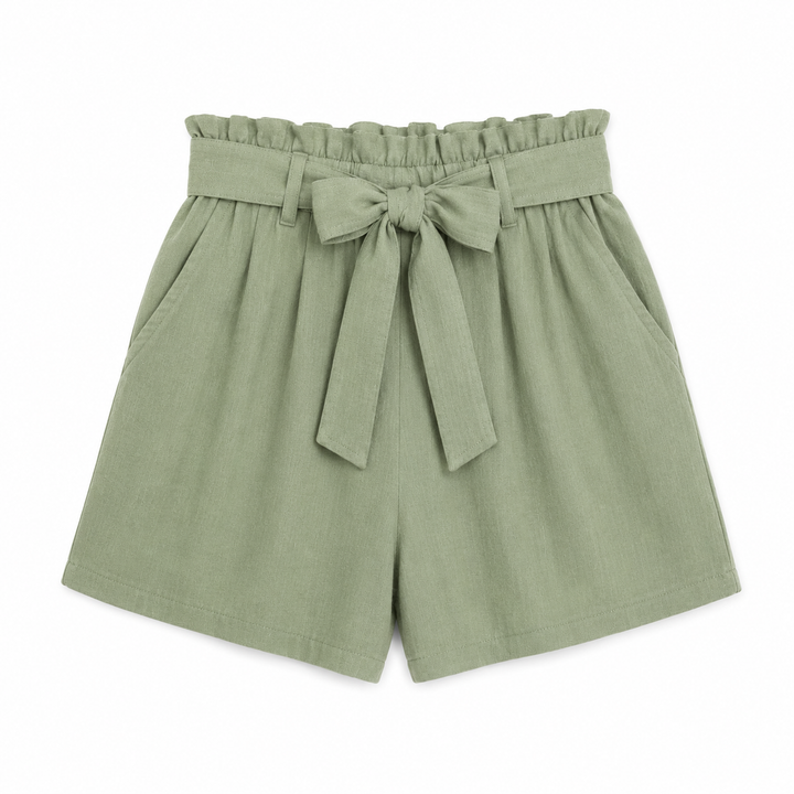 Green shorts with a belt on a white background