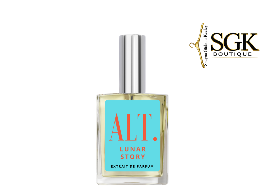 Perfume bottle with blue label and silver cap on a white background, featuring SGK Boutique logo.