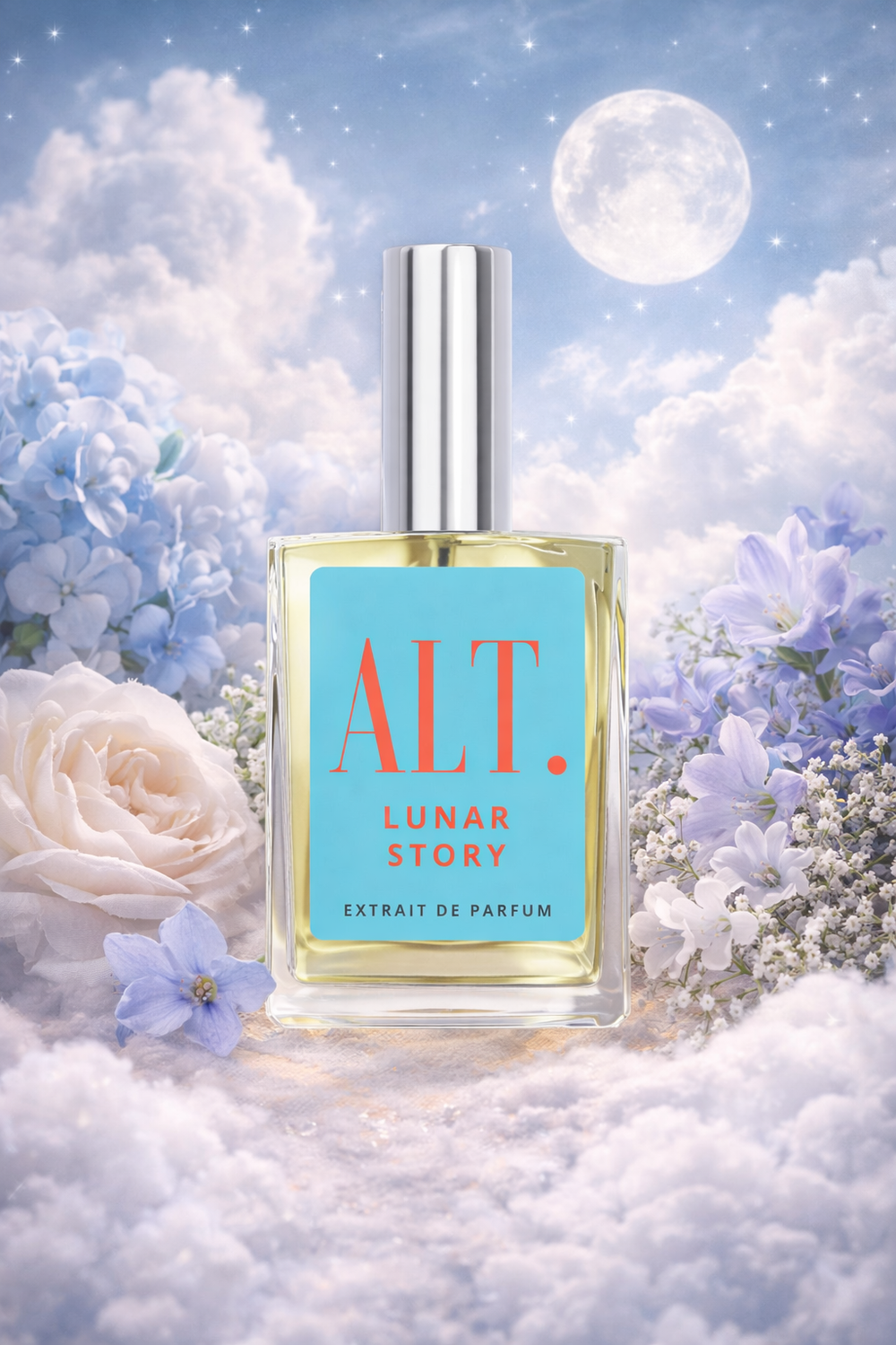 Perfume bottle labeled 'ALT. Lunar Story' with flowers and moon in the background