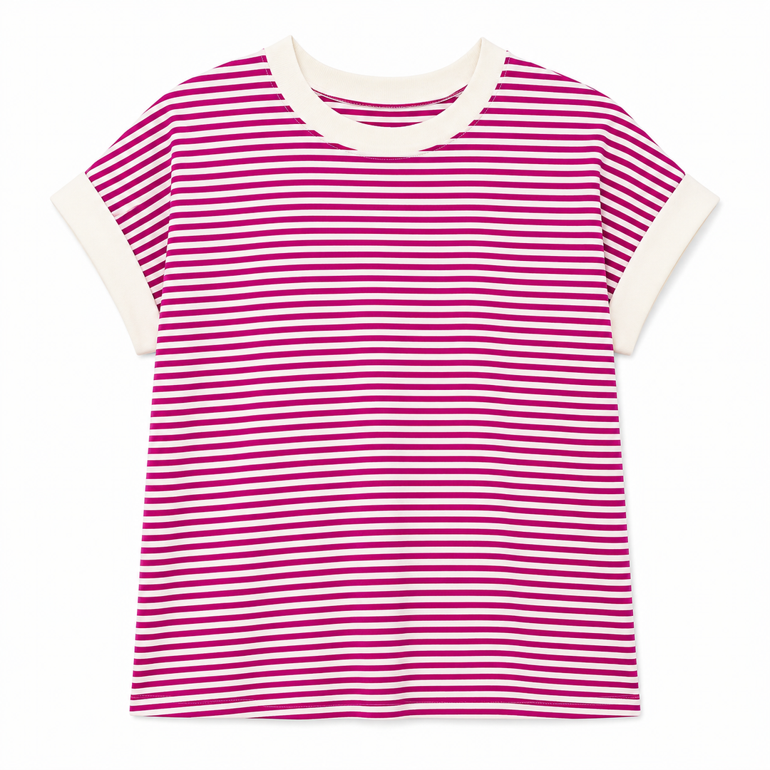 Magenta and white striped t-shirt on a white background