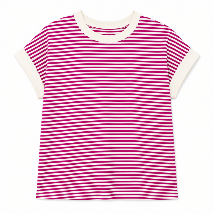 Magenta and white striped t-shirt on a white background
