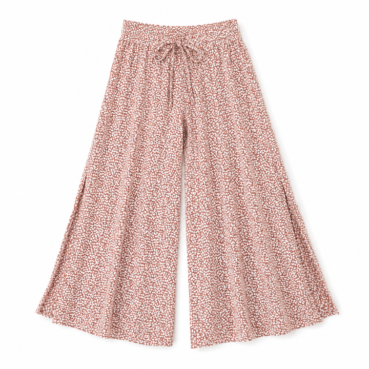 Floral-patterned wide-leg pants on a white background