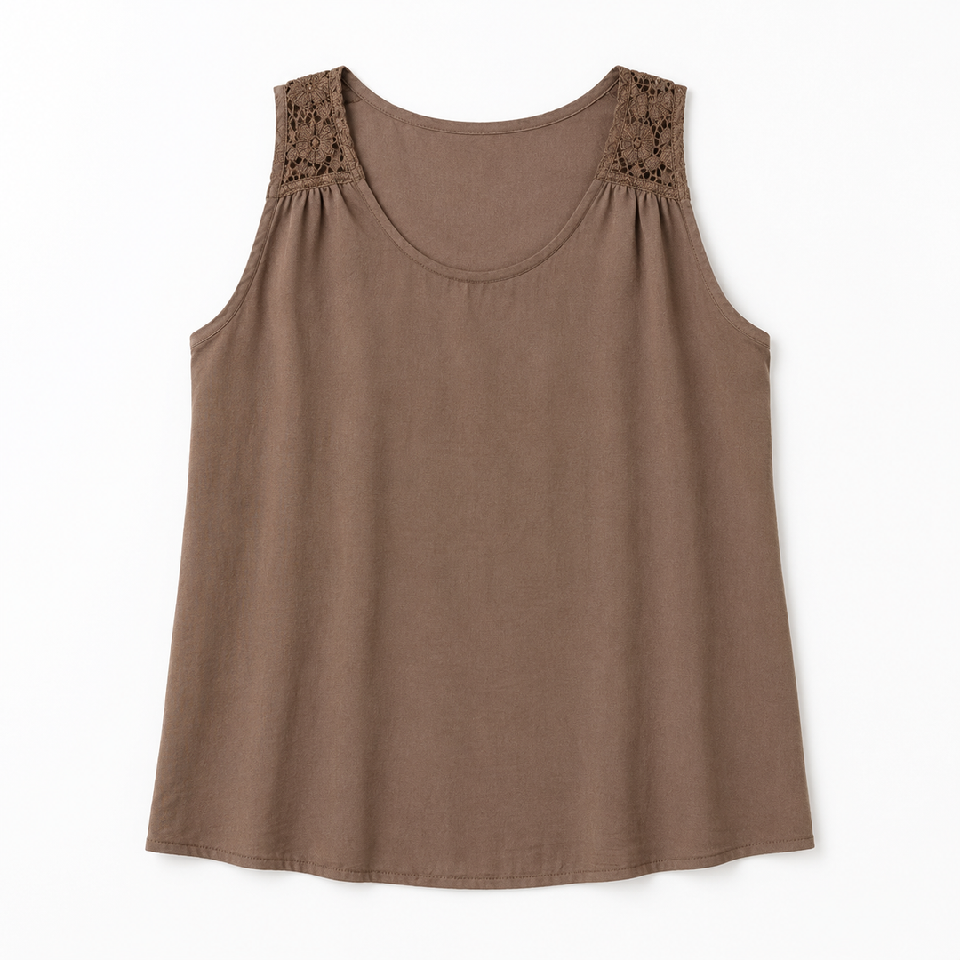 A brown sleeveless tank top with lace detailing on the shoulders, displayed flat against a white background.