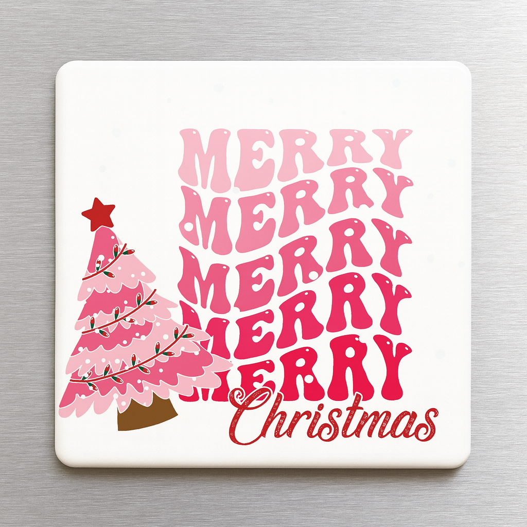 Coaster with pink Christmas tree and 'Merry Christmas' text on a white background