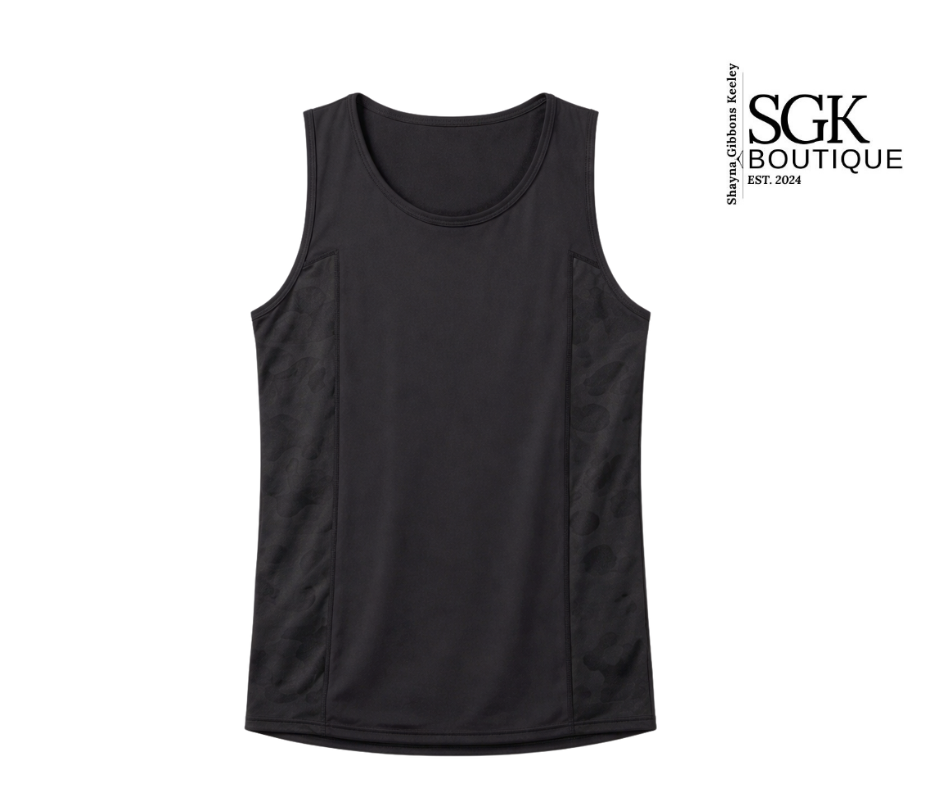 Black tank top on a white background with SGK Boutique logo.